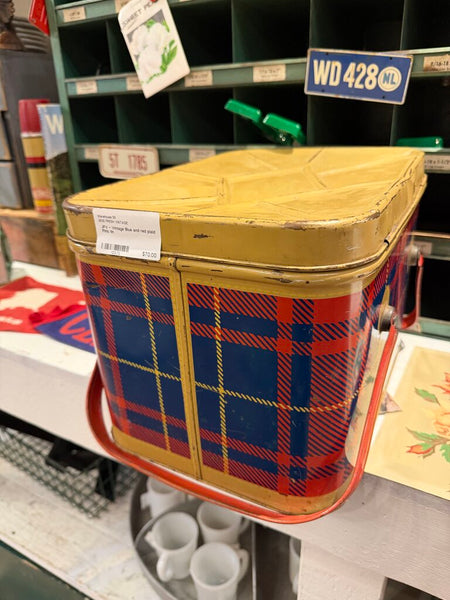 JFV ~ Vintage Blue and red plaid Pinic tin