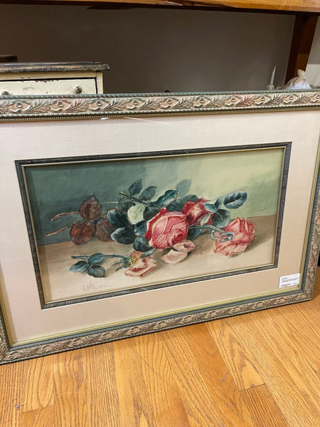 Framed and matted vantage Rose painting signed 25 1/2 in x 20 in