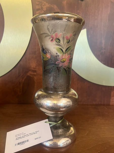 Anitque Authentic Mercury Glass Hand Painted Vase with Birds