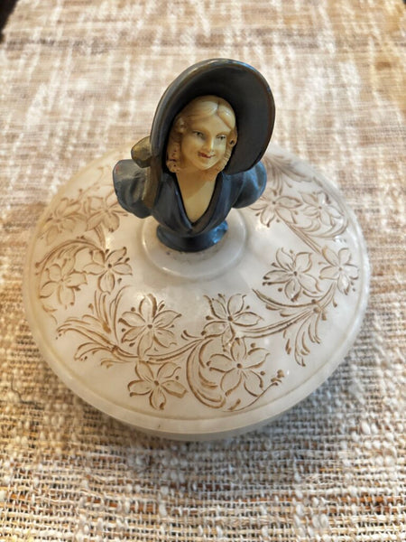 VINTAGE MAIDEN GIRL METAL FIGURE ON ALABSTER DRESSER BOX