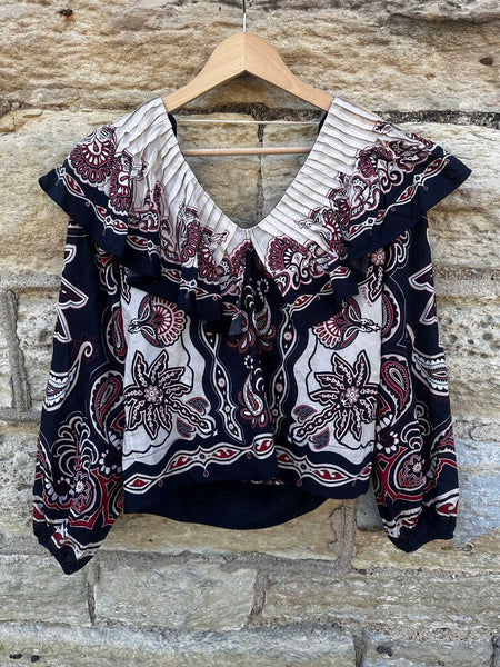 FARM RIO Sweet Mermaids Black Cream Blouse Sz: XXS BEAUTIFUL Firm