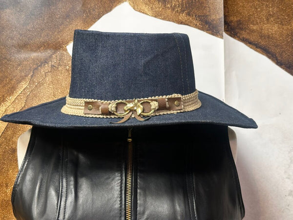 Vintage 70-80's Denim Cowboy Hat Brass Horse Detail