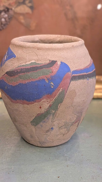 Tan with blue and pink Ozark roadside pottery approximately 7 inches