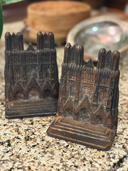 PAIR CAST IRON NOTRE DAME CATHEDRAL BOOKENDS, FABULOUS PATINA