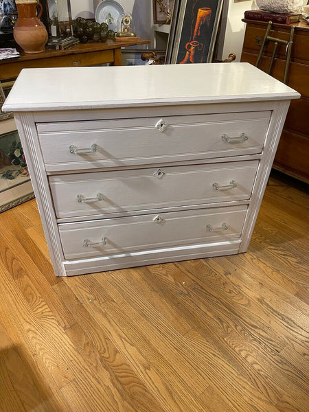 Antique oak painted white 3 drawer chest with glass handles 39 in wide x 32 in high x 17 1.2 in deep as is in store, pick up only