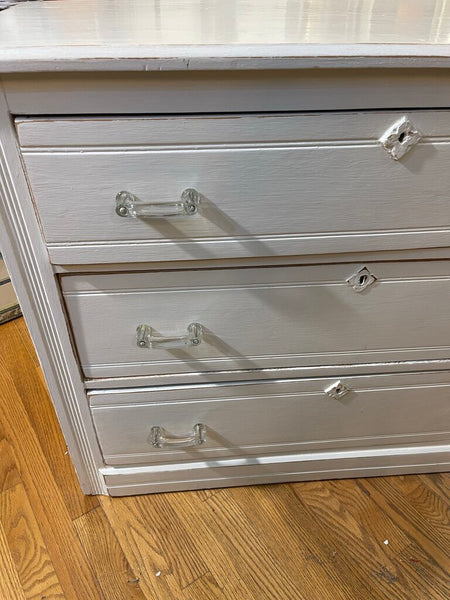 Antique oak painted white 3 drawer chest with glass handles 39 in wide x 32 in high x 17 1.2 in deep as is in store, pick up only