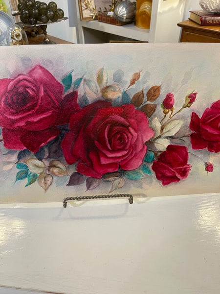 Antique Rose painting 32 in long x 12 in unframed as is
