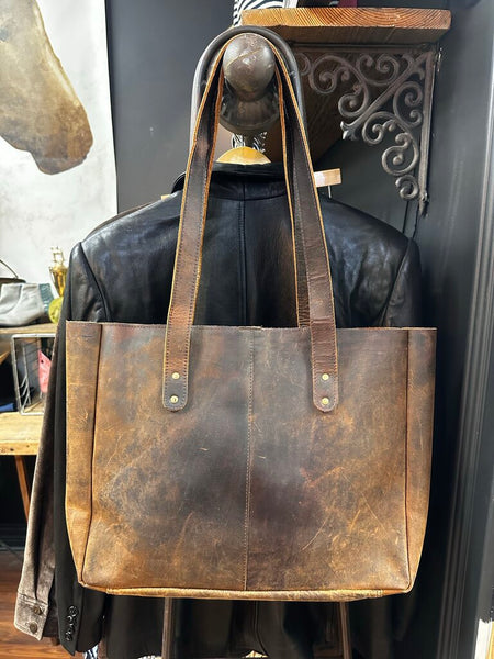 Beautiful Handcrafted Etsy Brown Leather Tote 12x18 w/out strap Extra Leather Clutch Inside