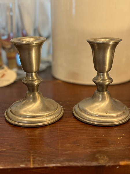 Pair pewter candle holders Marshall field's 3.5" x 4.5"