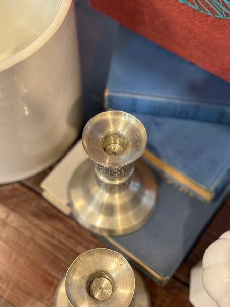 Pair pewter mid century candle holders Haugrud (Norway) 3 3/8" x 4 1/2"