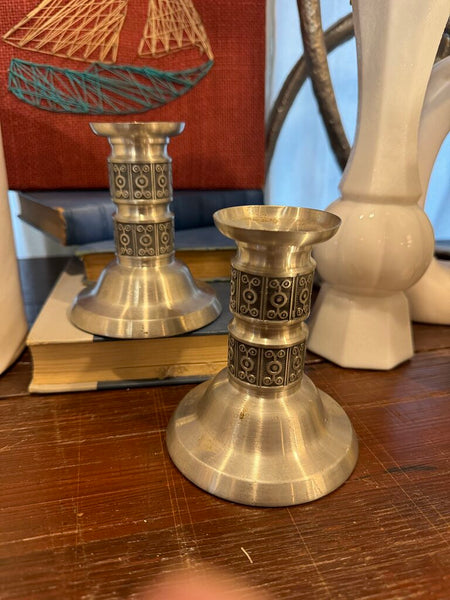 Pair pewter mid century candle holders Haugrud (Norway) 3 3/8" x 4 1/2"