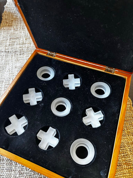 Vintage Crystal Tic Tac Toe Game w/Mirrored Top in Wooden Lined Box