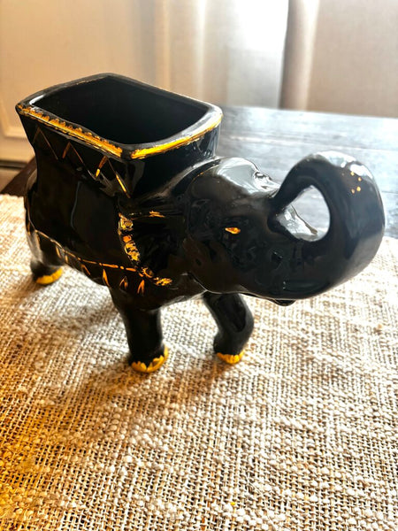 Vintage Ceramic Elephant Japan Black & Gold 1950's