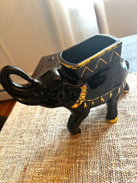 Vintage Ceramic Elephant Japan Black & Gold 1950's
