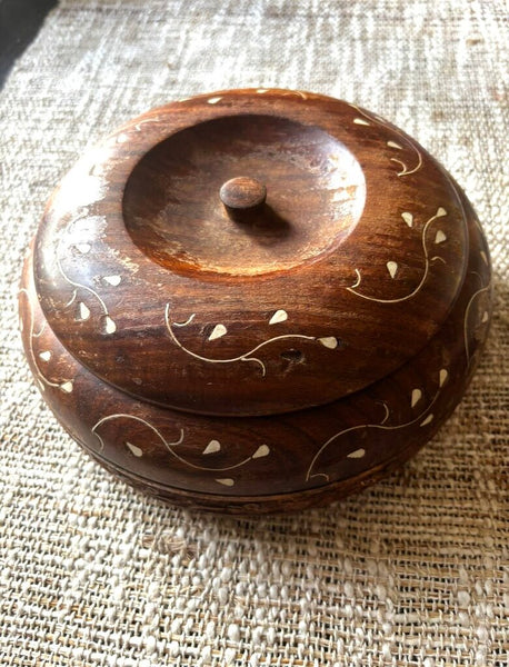 Handcrafted Wood Masala Spice Or Dried Fruit Box With Inlaid Floral Design