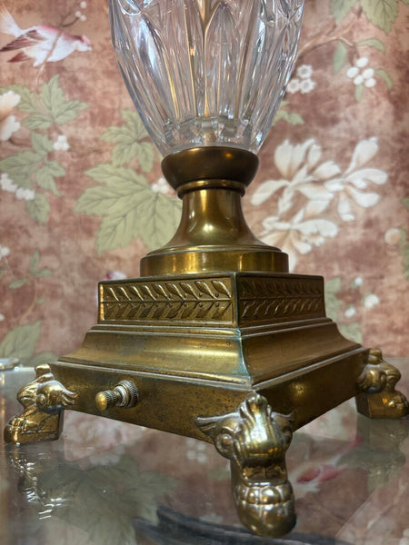 Vintage Pair of Upscale Berman Cut Crystal And Brass Footed Table Lamps