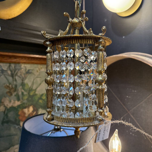Vintage petite brass and crystal chandelier 12" overall height 6" w