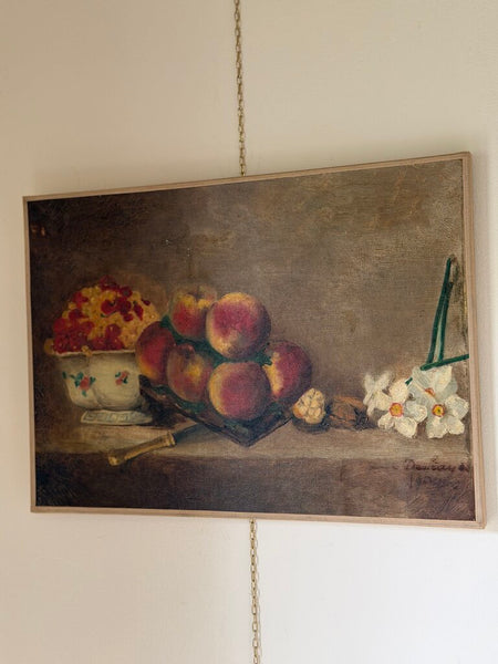 2485 Antique European Fruit Still Life Oil on Canvas w/ Daffodils and Peaches