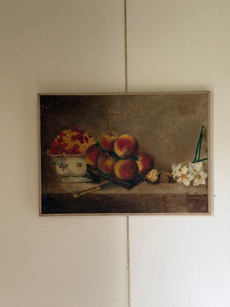 2485 Antique European Fruit Still Life Oil on Canvas w/ Daffodils and Peaches