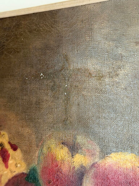 2485 Antique European Fruit Still Life Oil on Canvas w/ Daffodils and Peaches