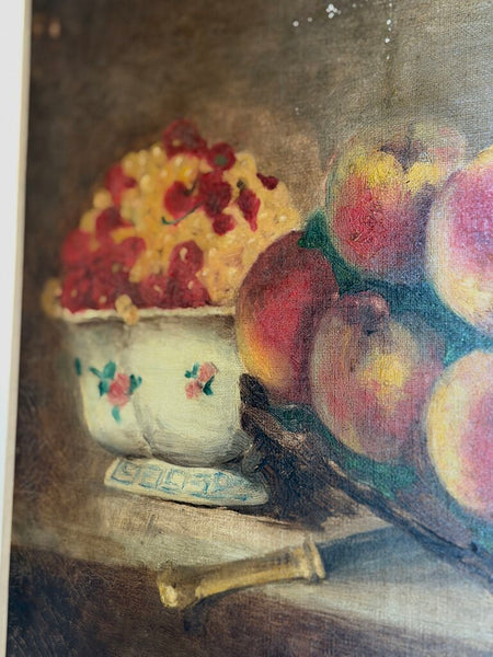 2485 Antique European Fruit Still Life Oil on Canvas w/ Daffodils and Peaches