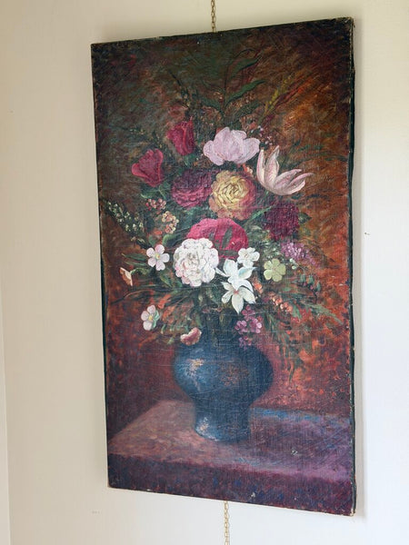 1583 19th C. Vertical Floral Still Life Painting on Canvas