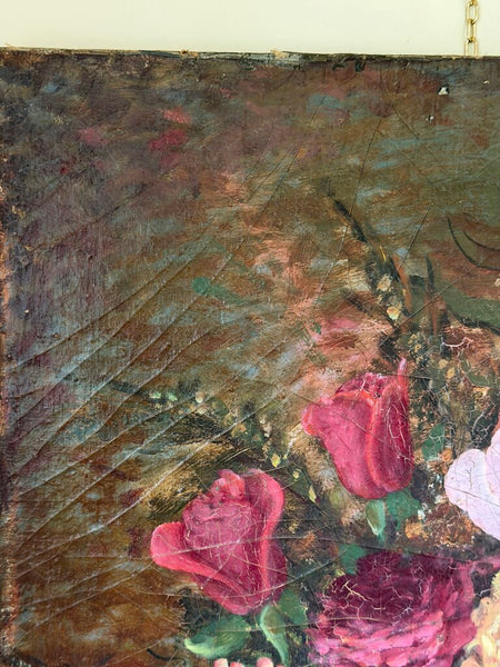 1583 19th C. Vertical Floral Still Life Painting on Canvas