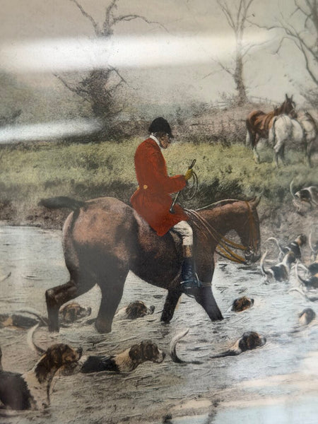 0068 Set of 3 English Hand Colored Hunt Scene Etchings by George Wright C. 1910