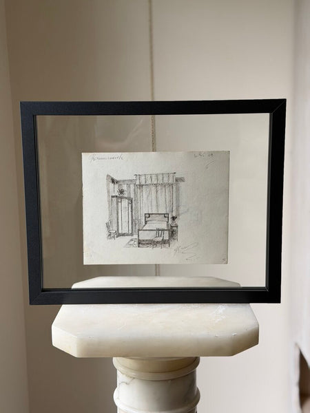1584 French Double Sided Pen Sketch of Bedroom Interior Scenes C. 1909