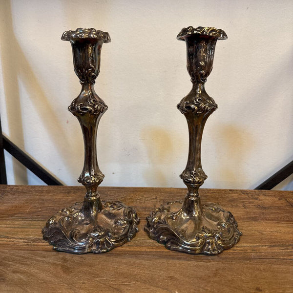 PAIR SILVER CAN STICKS 11.5 TALL