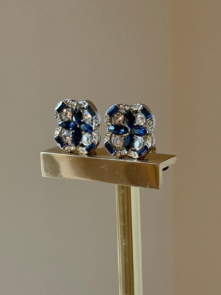 Vintage Navy & White Rhinestone Clip On Studs
