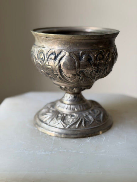 1347 Heavy Silvered Iron Pedestal Planter/Candle Vessel