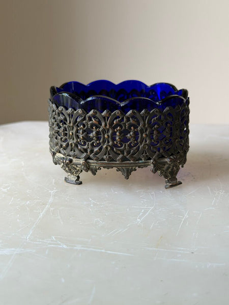 1600 Silver Plated Cobalt Glass Salt Cellar