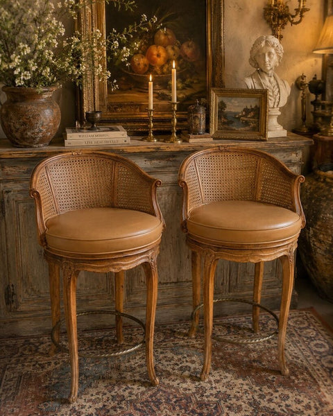 1611 Pair of Vintage Swivel Wood and Leather Bar Chairs