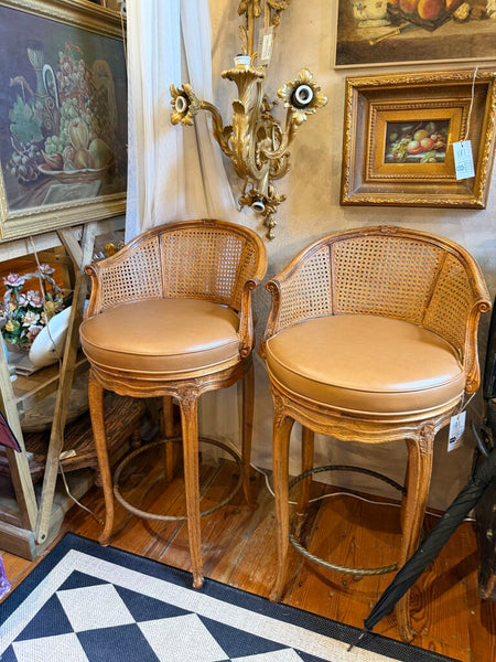 1611 Pair of Vintage Swivel Wood and Leather Bar Chairs