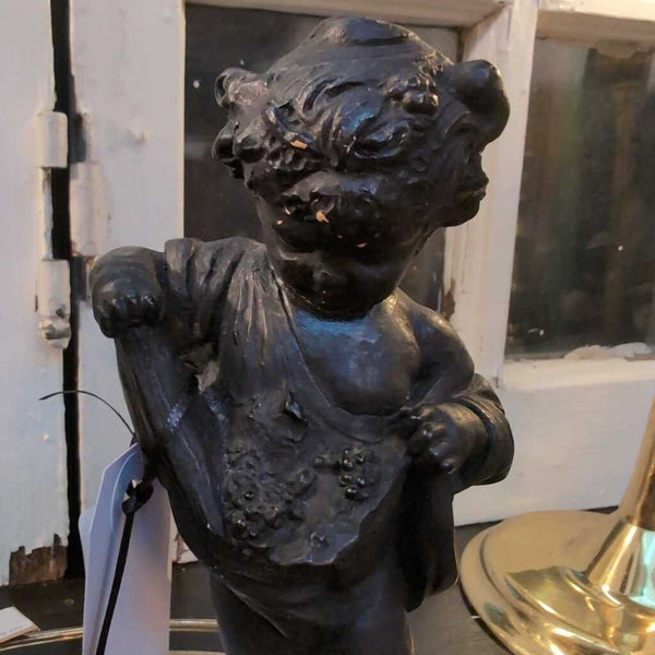 Vintage Italian Pair of Borghese Four Seasons Cherub Statues Black Chalkware on Gold Bases 8 in