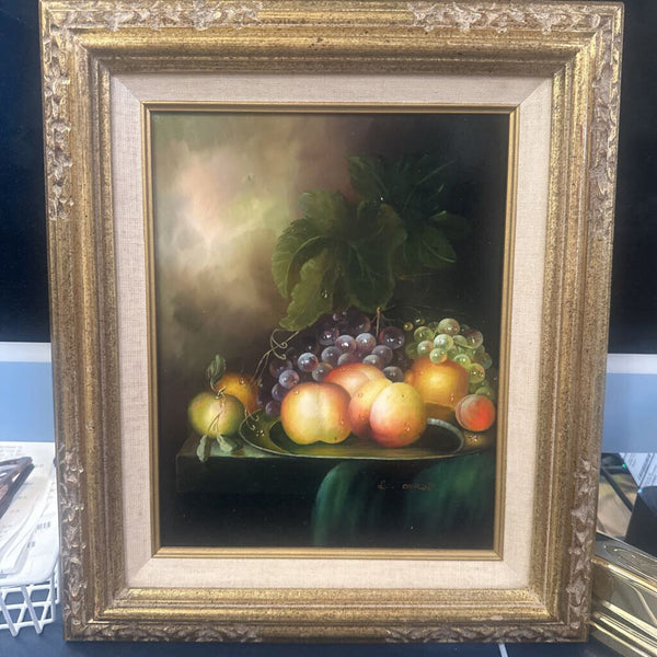 STILL LIFE, FRUIT #2. ORIGINAL OIL ON BOARD, SIGNED AND FRAMED 14 1/2" x 12 1/2"
