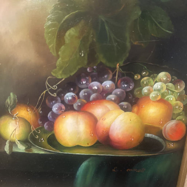 STILL LIFE, FRUIT #1. ORIGINAL OIL ON BOARD, SIGNED AND FRAMED 14 1/2" x 12 1/2"