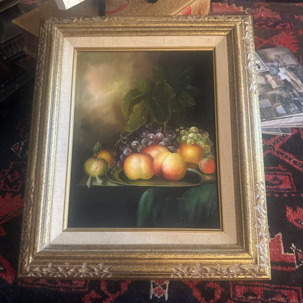STILL LIFE, FRUIT #1. ORIGINAL OIL ON BOARD, SIGNED AND FRAMED 14 1/2" x 12 1/2"