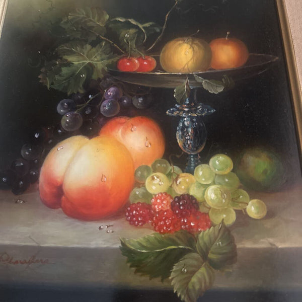 STILL LIFE, FRUIT #1. ORIGINAL OIL ON BOARD, SIGNED AND FRAMED 14 1/2" x 12 1/2"