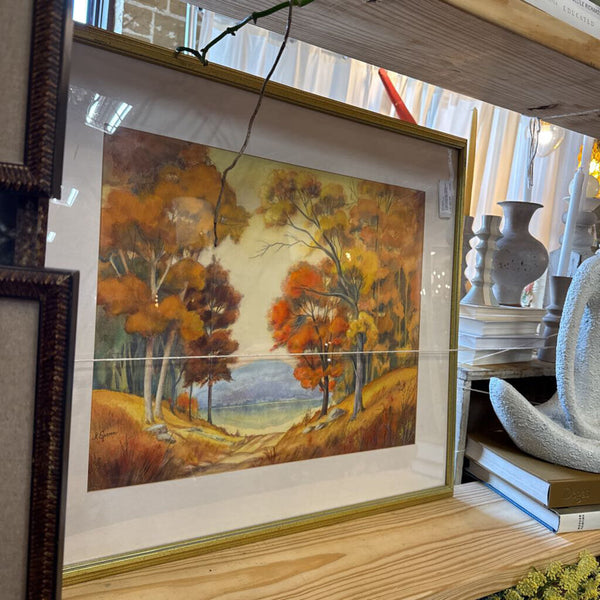 Original watercolor painting autumn theme signed Spann 29.5” x 25.5” ( in store pick up only)