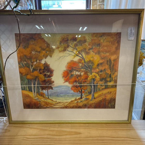 Original watercolor painting autumn theme signed Spann 29.5” x 25.5” ( in store pick up only)