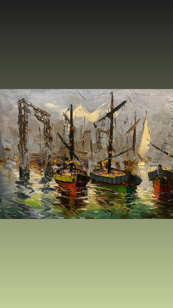 COLORFUL HARBORSCAPE ON CANVAS, UNSIGNED, AS FOUND 24" x 20" IN STORE PICK UP