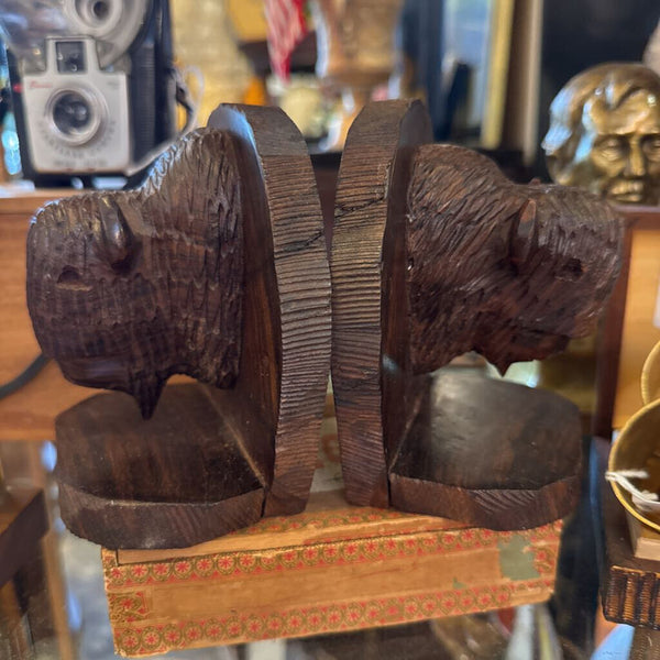 PAIR wood carved Bison Bookends