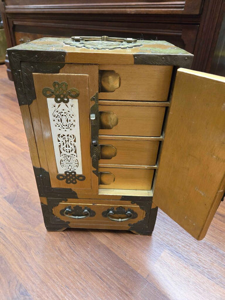 Old oriental jewelry box brass trim 6 x 8 x 12 tall