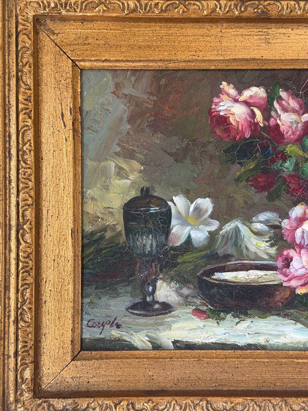 1662 Pink floral still life oil on canvas painting