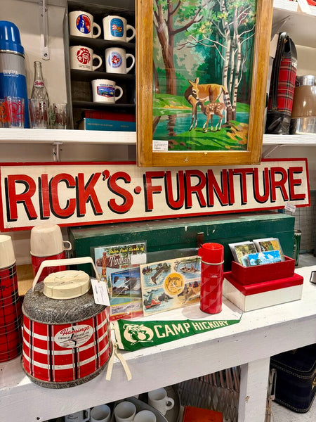 JFV ~ Vintage RICK's FURNITURE SIGN - double sided 55" long 9.5" tall . IN-STORE PICK UP ONLY.