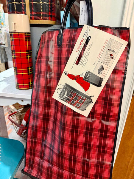 JFV ~ Vintage large plaid vinyl shopping cart on wheels