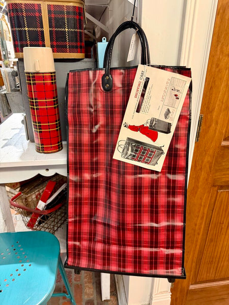 JFV ~ Vintage large plaid vinyl shopping cart on wheels