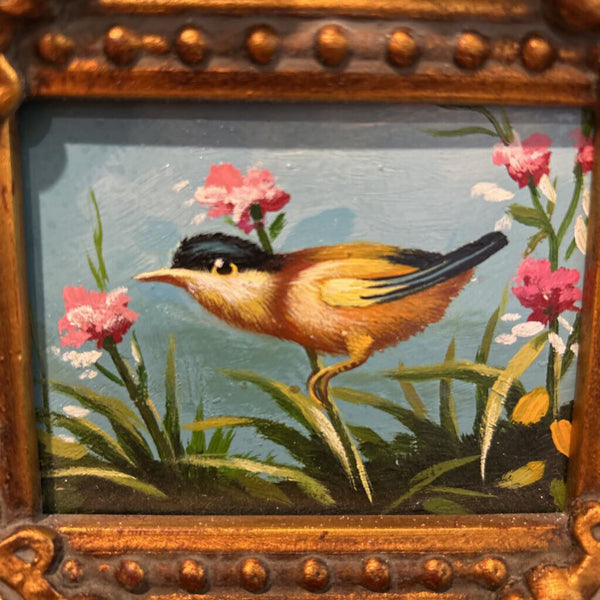 MINIATURE OIL PAINTING OF BIRD WITH ORNATE FRAME